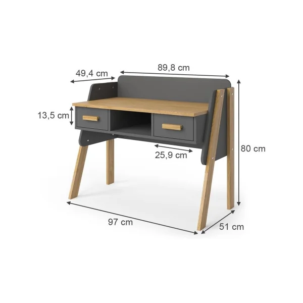 Bureau Enfant Gris et Chêne Moderne 2 Tiroir Table de Travail Enfant