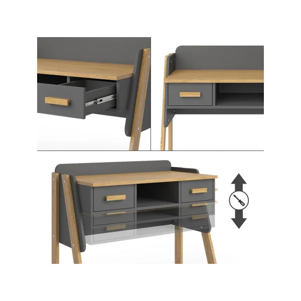 Bureau Enfant Gris et Chêne Moderne 2 Tiroir Table de Travail Enfant
