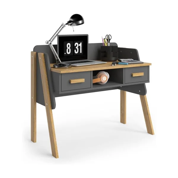 Bureau Enfant Gris et Chêne Moderne 2 Tiroir Table de Travail Enfant