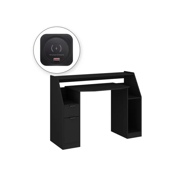 Bureau Gamer Noir Moderne + Led + Station de Charge Bureau Gaming avec Rangement