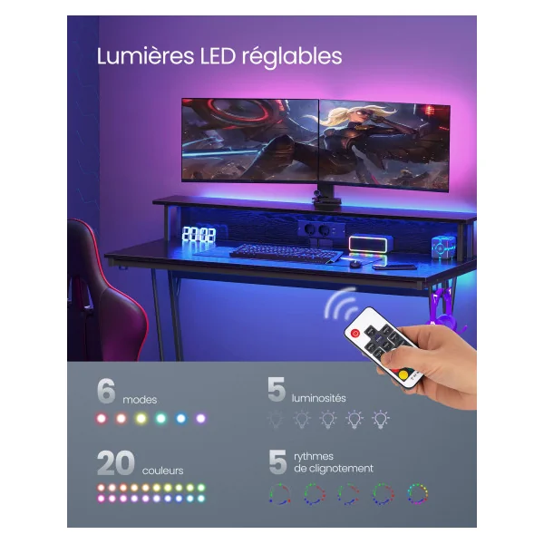 Bureau Gaming avec LED et Multiprise Noir Boisé Table Gamer Bureau Informatique avec Rehausseur d’Écran