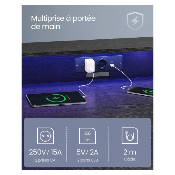 Bureau Gaming avec LED et Multiprise Noir Boisé Table Gamer Bureau Informatique avec Rehausseur d’Écran