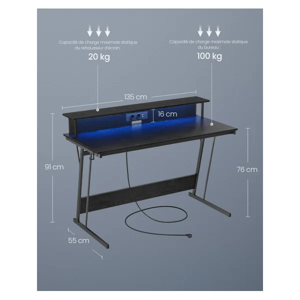 Bureau Gaming avec LED et Multiprise Noir Boisé Table Gamer Bureau Informatique avec Rehausseur d’Écran