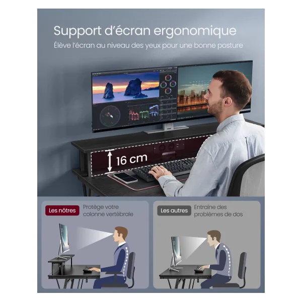 Bureau Gaming avec LED et Multiprise Noir Boisé Table Gamer Bureau Informatique avec Rehausseur d’Écran