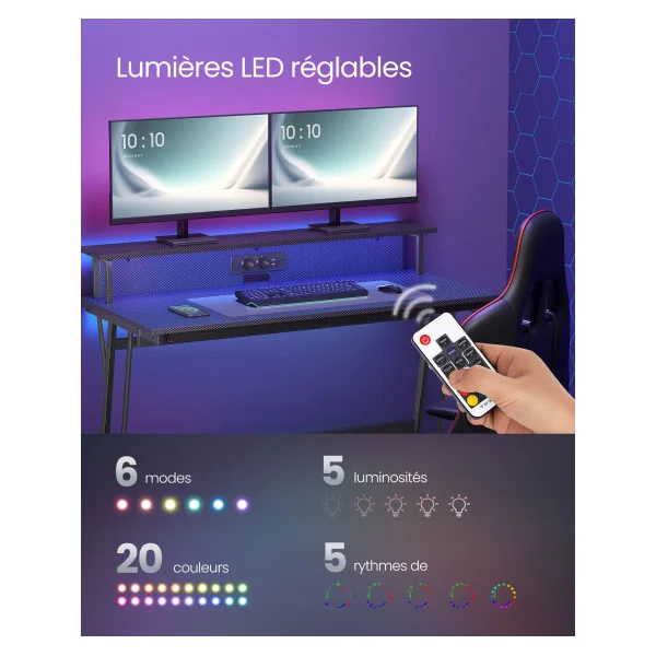 Bureau Gaming avec Led et Multiprise Noir Carbone Table Gamer Bureau Informatique avec Rehausseur d’Écran