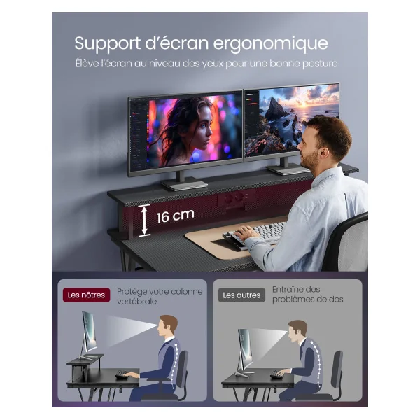 Bureau Gaming avec Led et Multiprise Noir Carbone Table Gamer Bureau Informatique avec Rehausseur d’Écran