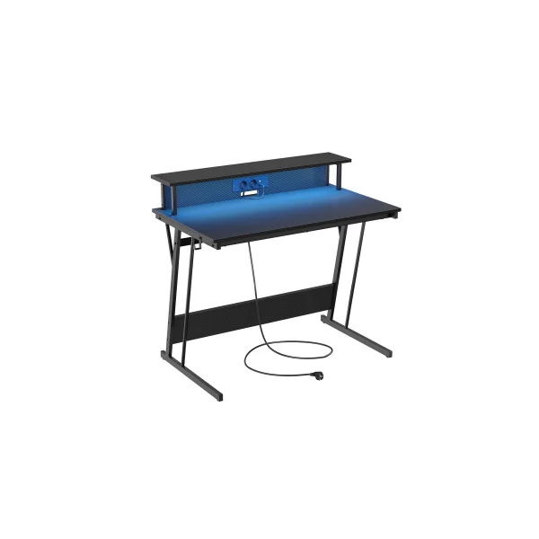 Bureau Gaming avec Led et Multiprise pour 2 Ordinateurs Noir Carbone Table Gamer Bureau Informatique