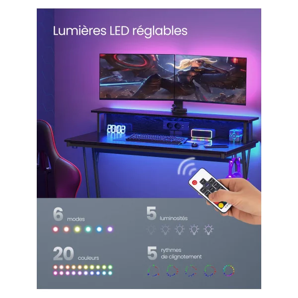 Bureau Gaming LED Noir classique Bureau Information Table d'Ordinateur