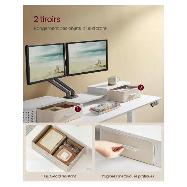Bureau LED Electrique Réglable 140x60 cm Blanc Nuage Bureau Assis-Debout Table de Bureau Réglable en Continu