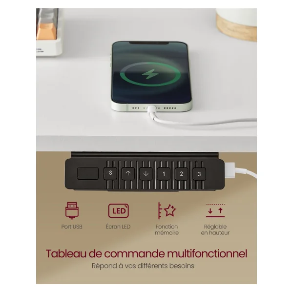 Bureau LED Electrique Réglable 140x60 cm Blanc Nuage Bureau Assis-Debout Table de Bureau Réglable en Continu