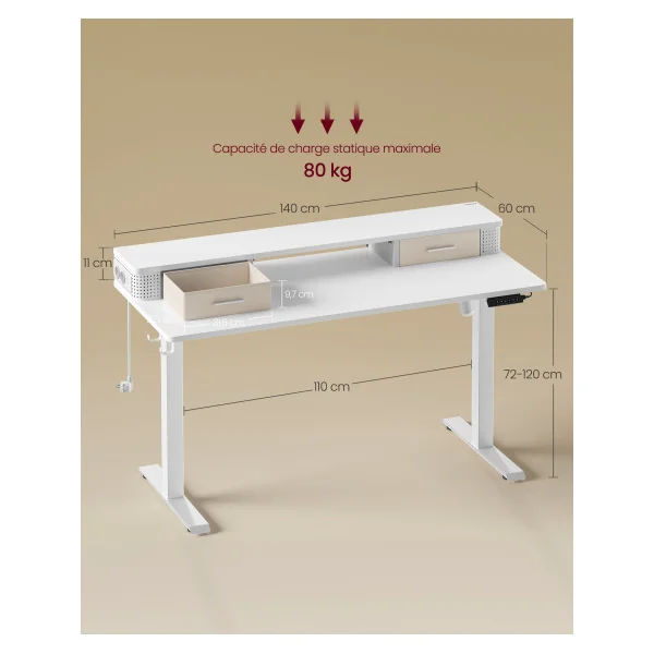 Bureau LED Electrique Réglable 140x60 cm Blanc Nuage Bureau Assis-Debout Table de Bureau Réglable en Continu
