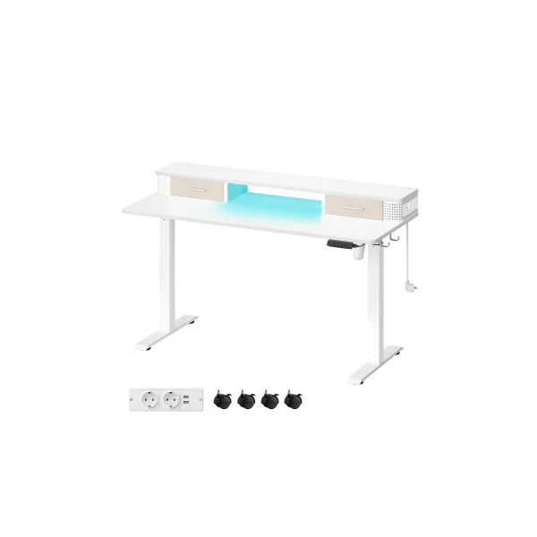 Bureau LED Electrique Réglable 140x60 cm Blanc Nuage Bureau Assis-Debout Table de Bureau Réglable en Continu