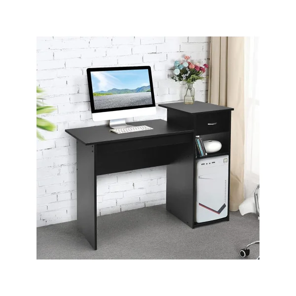 Bureau Noir avec avec Tiroir et 2 Compartiments de Rangement Bureau Informatique Bureau d'Ordinateur