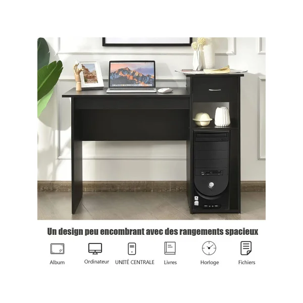 Bureau Noir avec avec Tiroir et 2 Compartiments de Rangement Bureau Informatique Bureau d'Ordinateur