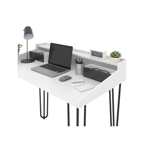 Bureau Rétro Blanc Pieds Epingles 2 Tiroirs Table de Travail Blanche