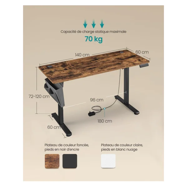 Bureau Électrique 140x60 cm Assis-Debout Bureau Réglable en Hauteur Pochette de Rangement