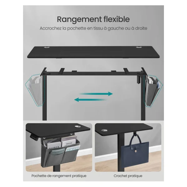 Bureau Électrique Noir 160x70 cm Assis-Debout Bureau Réglable en Hauteur avec Mémoire