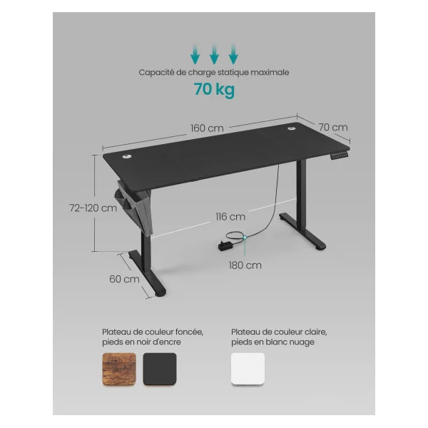 Bureau Électrique Noir 160x70 cm Assis-Debout Bureau Réglable en Hauteur avec Mémoire