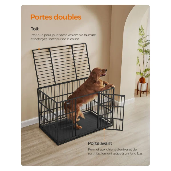 Cage Chien 122x75x80 cm Grande Taille Ultra-Résistante Double Porte Noir Avec Bac