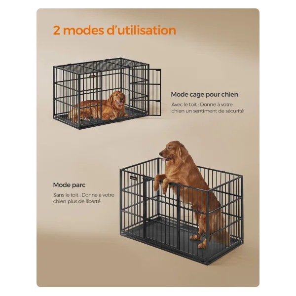 Cage Chien 122x75x80 cm Grande Taille Ultra-Résistante Double Porte Noir Avec Bac