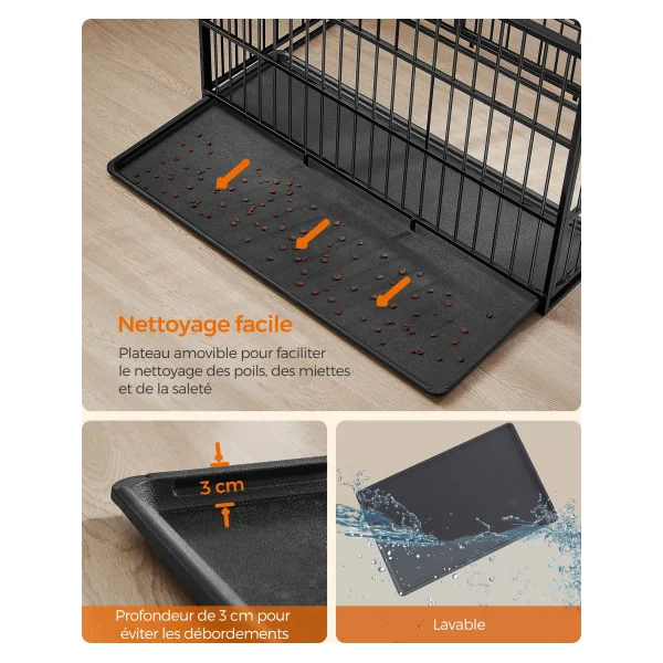 Cage Chien 122x75x80 cm Grande Taille Ultra-Résistante Double Porte Noir Avec Bac