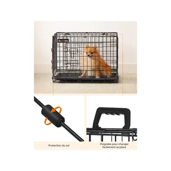 Cage Chien Pliable en Métal avec Bac 61 x 43,5 x 50,5 cm Double porte Plateau Amovible