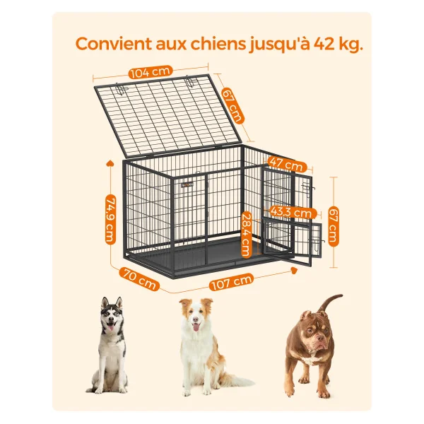 Cage Chien Solide 107 x 70 x 74,9 cm Parc à Chien Double Porte