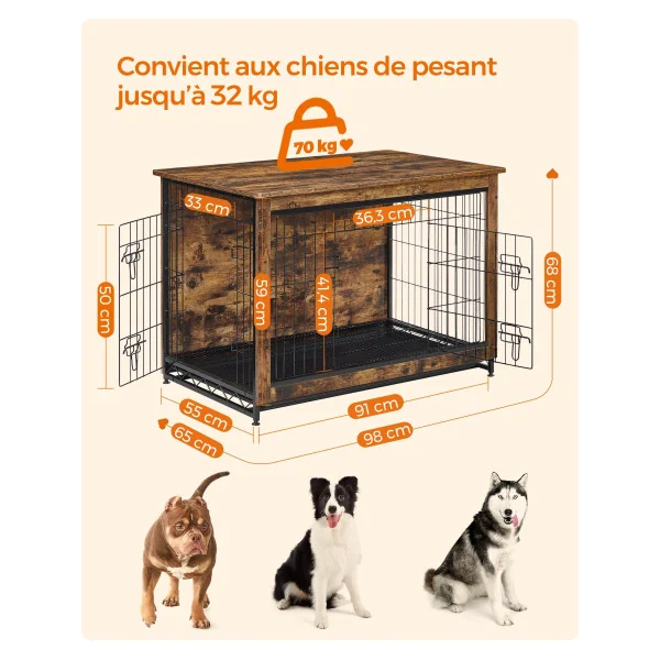 Cage pour Chiens Jusqu’à 32 kg 2 Portes Marron Rustique Niche Moderne Maisonnette pour Animaux