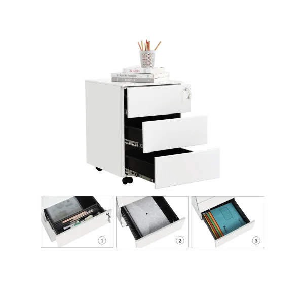 Caisson de Bureau 3 tiroirs Blanc Mobile Rangement de Documents Papeterie