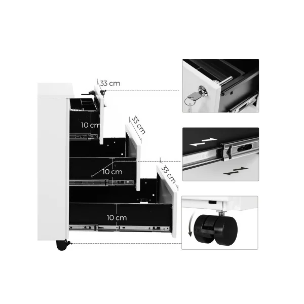 Caisson de Bureau 3 tiroirs Blanc Mobile Rangement de Documents Papeterie
