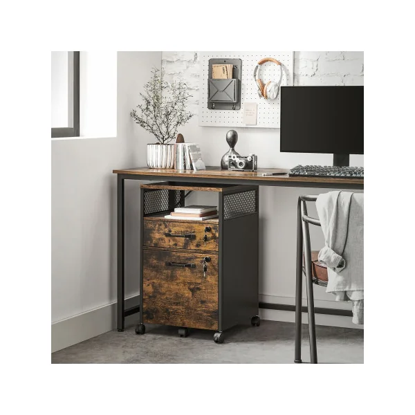 Caisson de Bureau Armoire de Bureau 2 tiroirs Cadre en Acier Marron Rustique et Noir
