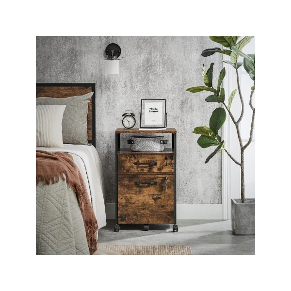 Caisson de Bureau Armoire de Bureau 2 tiroirs Cadre en Acier Marron Rustique et Noir