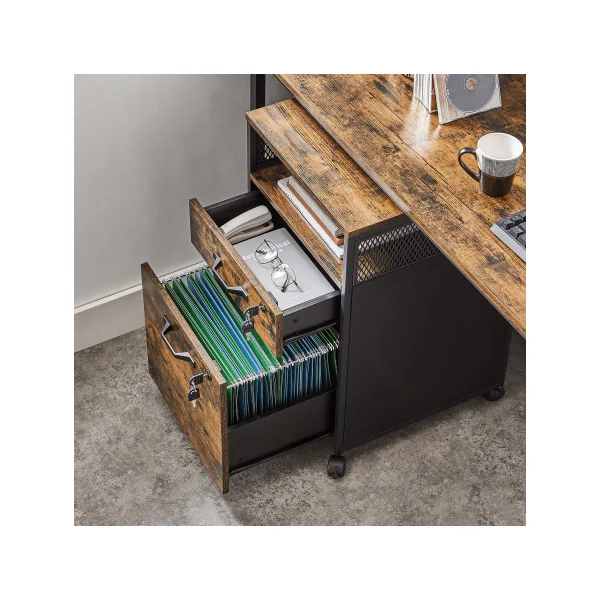 Caisson de Bureau Armoire de Bureau 2 tiroirs Cadre en Acier Marron Rustique et Noir