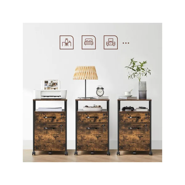 Caisson de Bureau Armoire de Bureau 2 tiroirs Cadre en Acier Marron Rustique et Noir