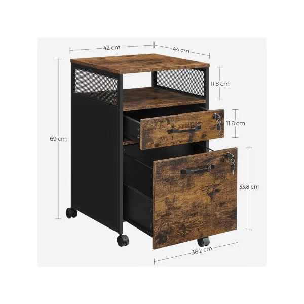Caisson de Bureau Armoire de Bureau 2 tiroirs Cadre en Acier Marron Rustique et Noir