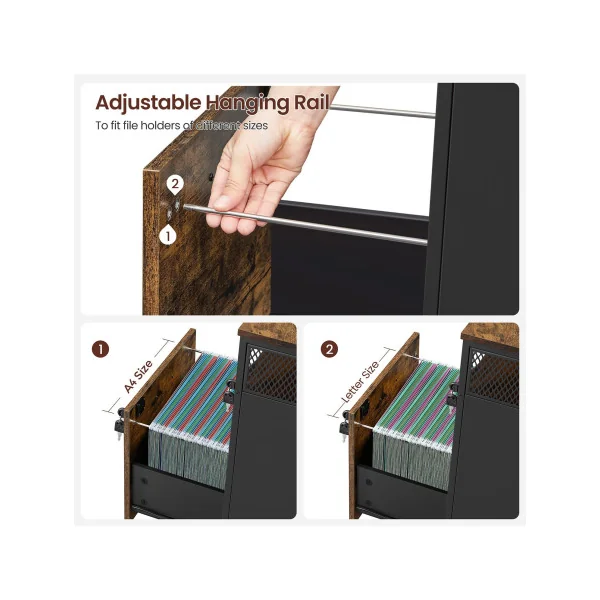 Caisson de Bureau Armoire de Bureau 2 tiroirs Cadre en Acier Marron Rustique et Noir
