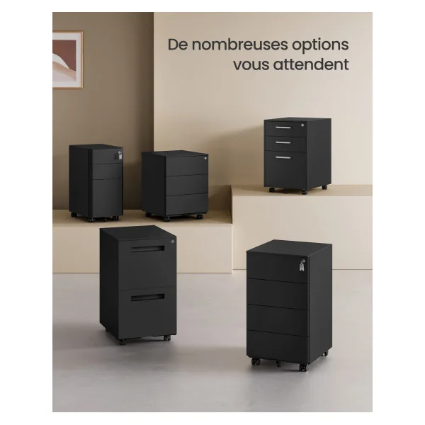 Caisson de Bureau en Acier Mobile avec 4 Tiroirs Noir d'Encre Meuble de Rangement Document Papeterie