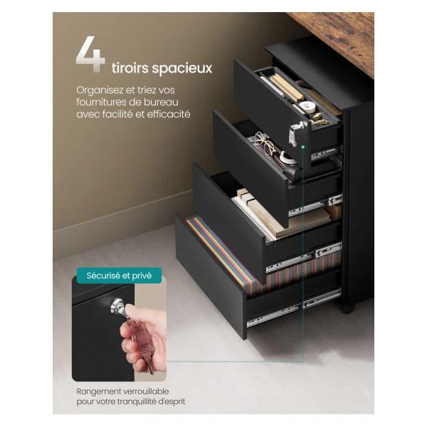 Caisson de Bureau en Acier Mobile avec 4 Tiroirs Noir d'Encre Meuble de Rangement Document Papeterie