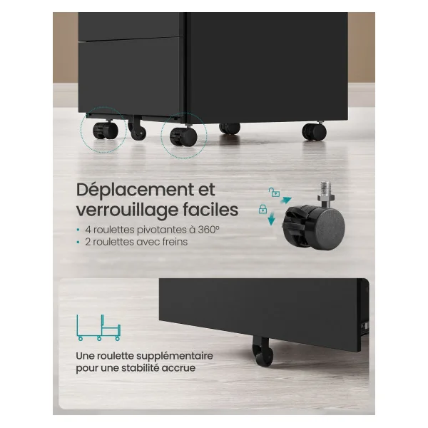 Caisson de Bureau en Acier Mobile avec 4 Tiroirs Noir d'Encre Meuble de Rangement Document Papeterie
