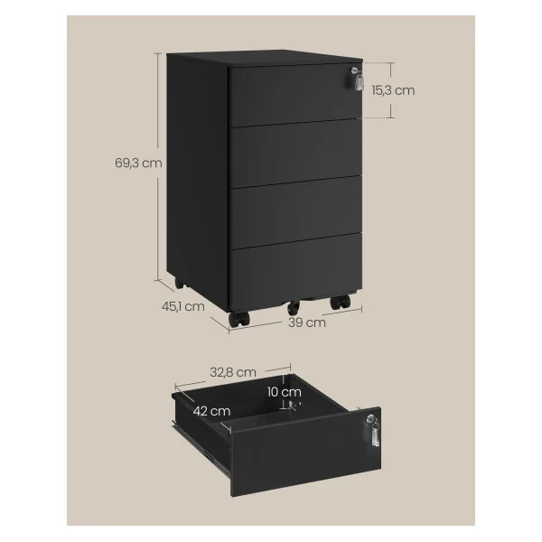 Caisson de Bureau en Acier Mobile avec 4 Tiroirs Noir d'Encre Meuble de Rangement Document Papeterie