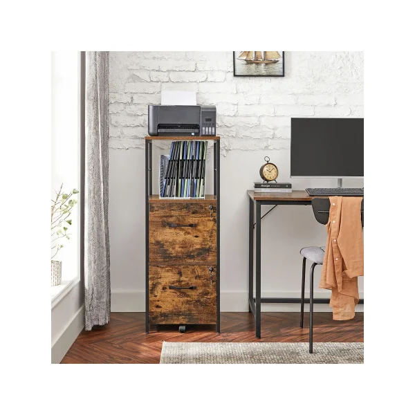 Caisson de Bureau Industriel 2 Tiroirs Marron Rustique Noir Placard de Rangement Support Imprimante