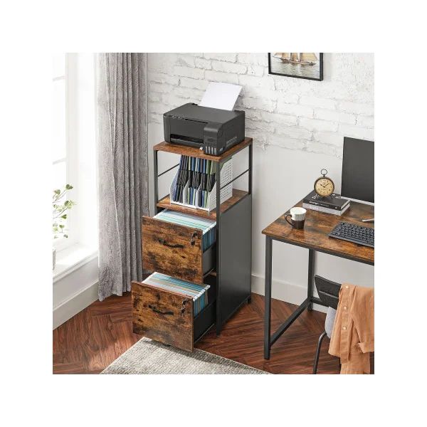 Caisson de Bureau Industriel 2 Tiroirs Marron Rustique Noir Placard de Rangement Support Imprimante
