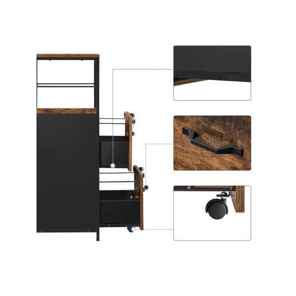 Caisson de Bureau Industriel 2 Tiroirs Marron Rustique Noir Placard de Rangement Support Imprimante