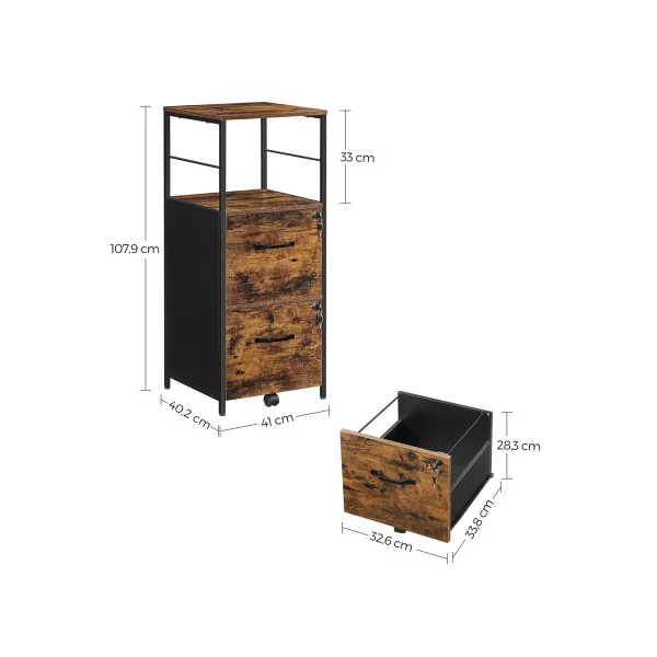Caisson de Bureau Industriel 2 Tiroirs Marron Rustique Noir Placard de Rangement Support Imprimante