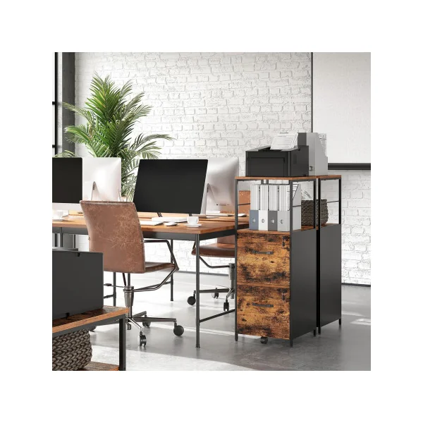 Caisson de Bureau Industriel 2 Tiroirs Marron Rustique Noir Placard de Rangement Support Imprimante
