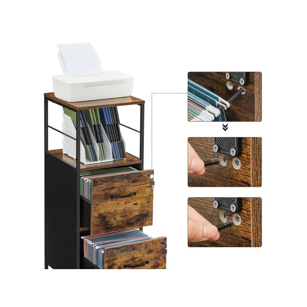 Caisson de Bureau Industriel 2 Tiroirs Marron Rustique Noir Placard de Rangement Support Imprimante