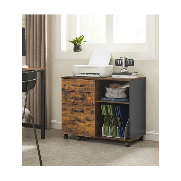 Caisson de Bureau Large Mobile Meuble de Rangement 3 Tiroirs Marron Rustique Noir