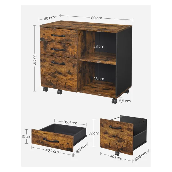 Caisson de Bureau Large Mobile Meuble de Rangement 3 Tiroirs Marron Rustique Noir