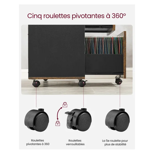 Caisson de Bureau Large Mobile Meuble de Rangement 3 Tiroirs Marron Rustique Noir