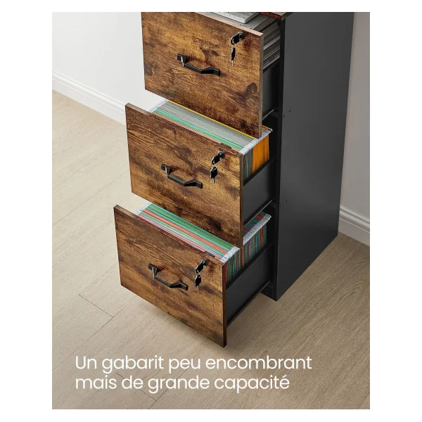Caisson de Bureau Marron Rustique Noir 3 Tiroirs Support d’Imprimante Meuble de Rangement de Document